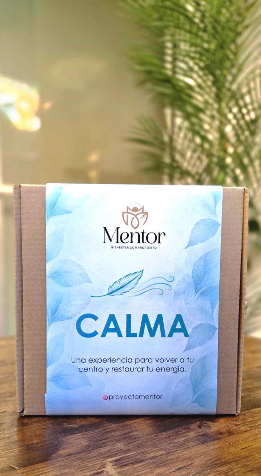 Kit Calma de Mentor: caja en tonos verde agua con una pluma ilustrada.