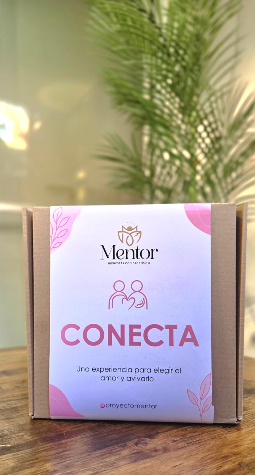 Kit Conecta de Mentor: caja en tonos rosados con dos figuras y un corazón ilustrados.